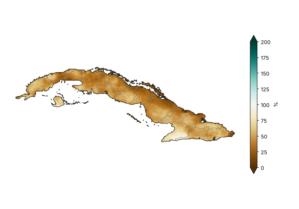 Porcentaje de la precipitación normal (1991–2020)