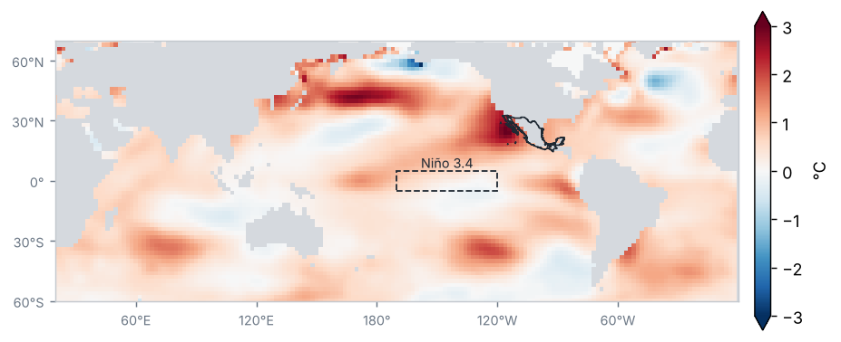 Anomalía de la temperatura superficial del mar, Abril 2026 (°C, 1991–2020)