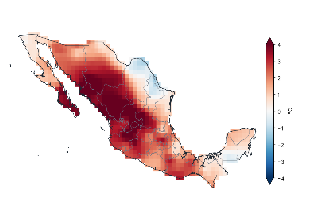 Anomalía de temperatura máxima (1991–2020)
