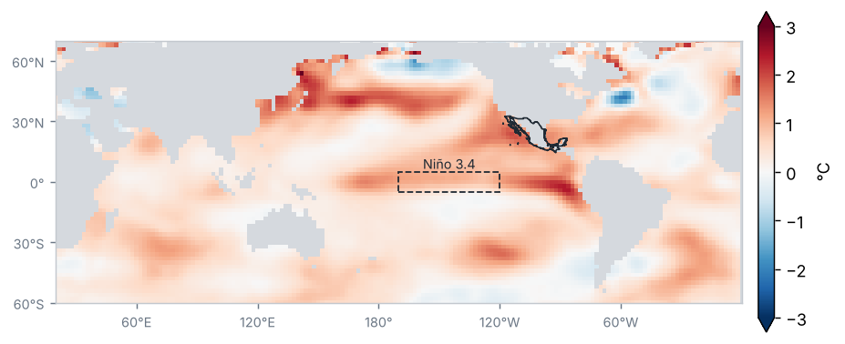 Anomalía de la temperatura superficial del mar, Mayo 2026 (°C, 1991–2020)