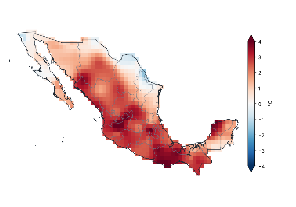 Anomalía de temperatura máxima (1991–2020)