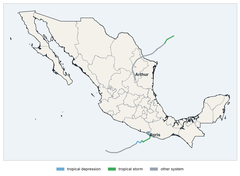 Tracks of nearby tropical cyclones