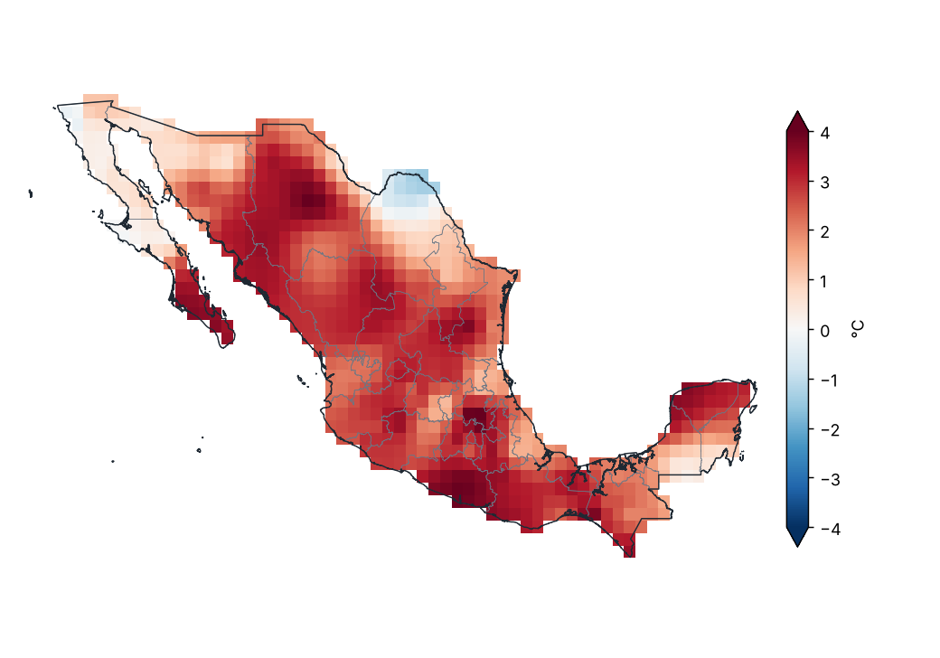Anomalía de temperatura máxima (1991–2020)