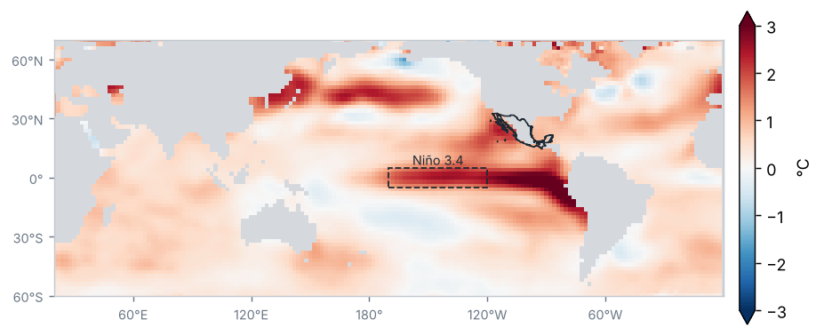 Anomalía de la temperatura superficial del mar, Verano 2026 (°C, 1991–2020)