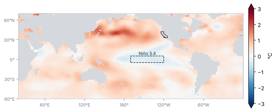 Anomalía de la temperatura superficial del mar, Año 2025 (°C, 1991–2020)