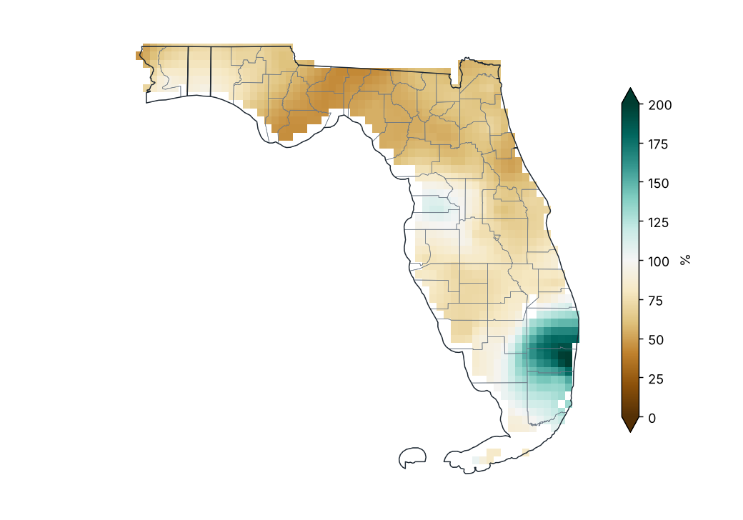Porcentaje de la precipitación normal (1991–2020)