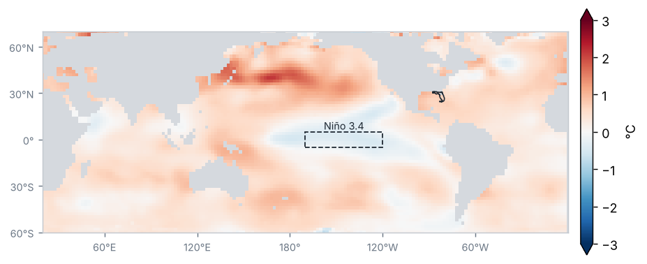Anomalía de la temperatura superficial del mar, Año 2025 (°C, 1991–2020)