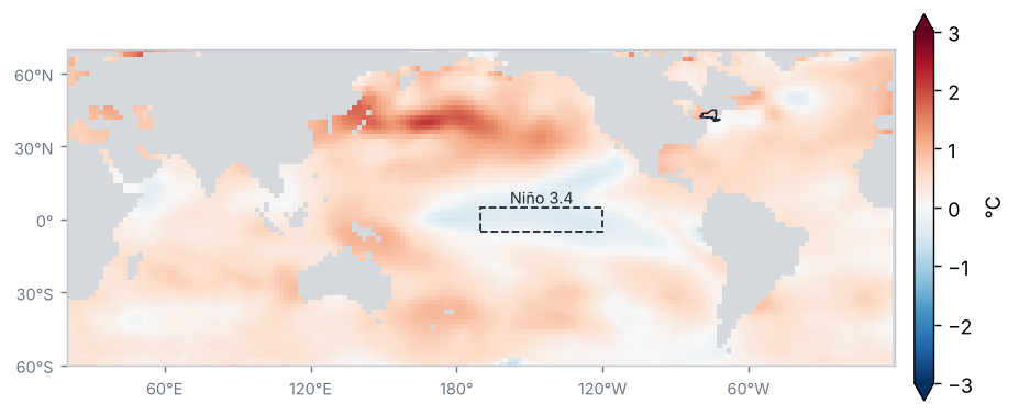 Anomalía de la temperatura superficial del mar, Año 2025 (°C, 1991–2020)