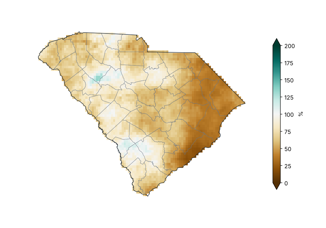 Porcentaje de la precipitación normal (1991–2020)