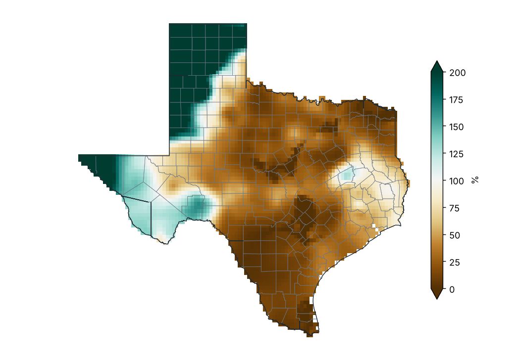 Porcentaje de la precipitación normal (1991–2020)
