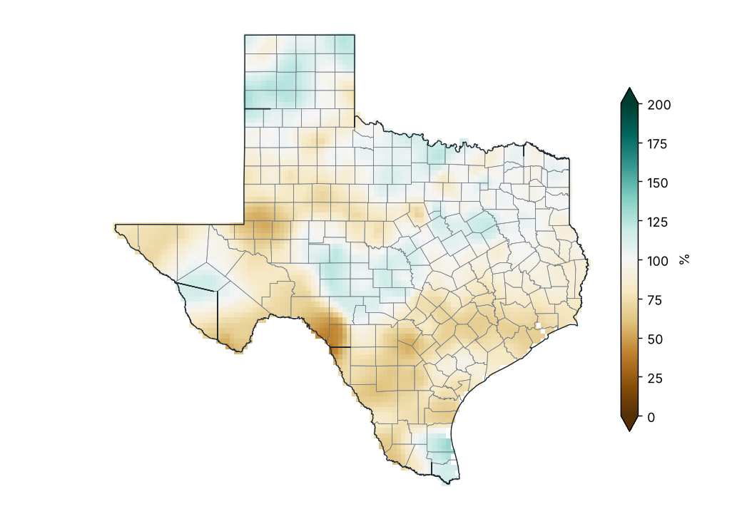 Porcentaje de la precipitación normal (1991–2020)