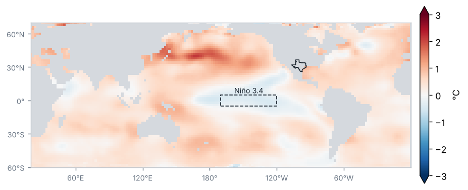 Anomalía de la temperatura superficial del mar, Año 2025 (°C, 1991–2020)